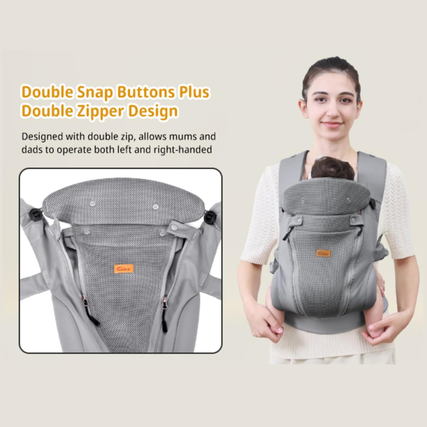 CUBY Baby Carriers from Newborn, Summer Mesh Double Zipper Ergonomic Baby Holder Belt Toddler Carrier from Newborn, Detachable Hood & Reversible Head Neck Support Baby Carrier for Walking Use to 30LBS - Crotch Protector White image number 3