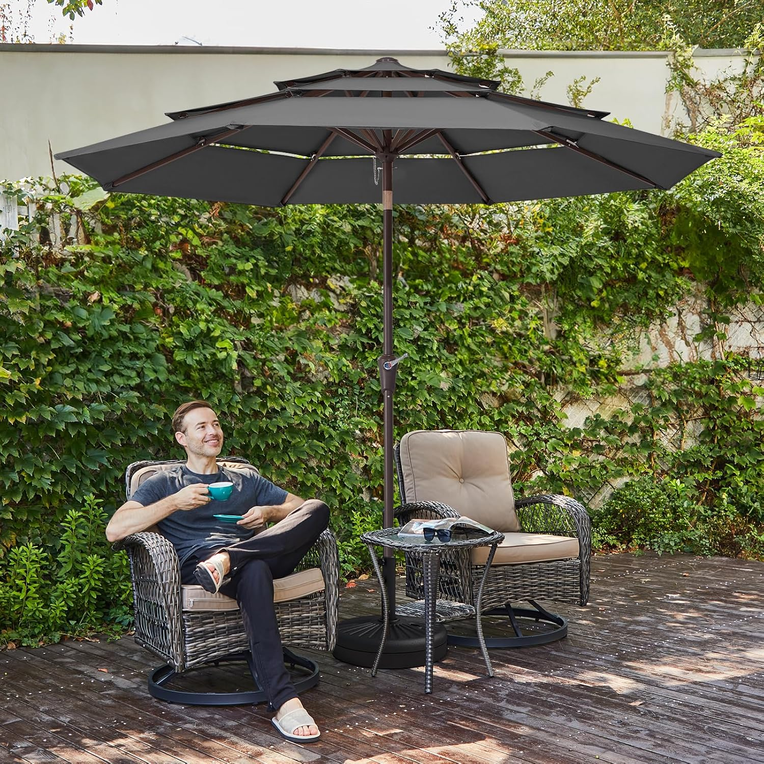 JEAREY 9FT 3 Tiers Patio Umbrella Outdoor Market Umbrella Table Umbrellas image number 3