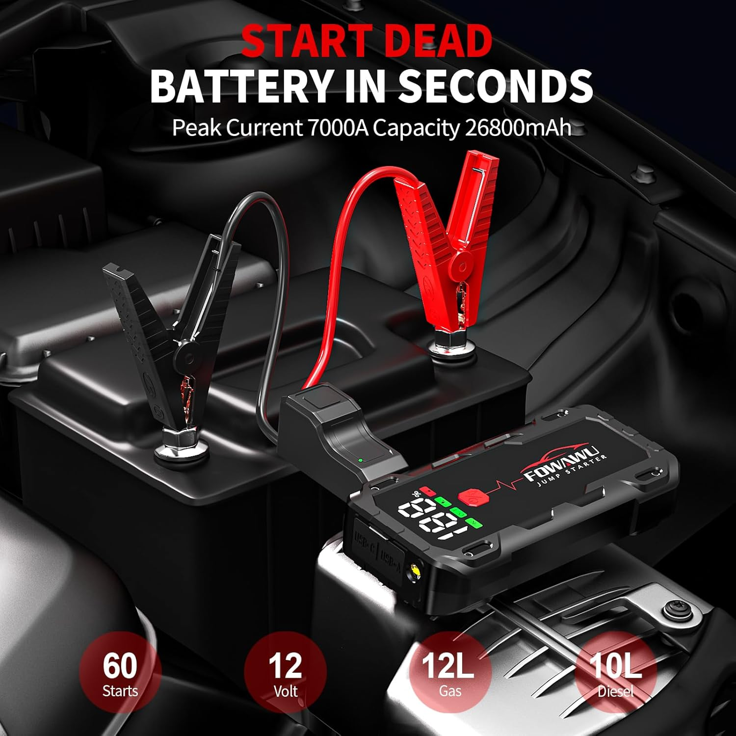 FOWAWU 26800 Mah 7000 a Peak Jump Starter for 12 V Vehicles (12 L Petrol / 10 L Diesel) and Moto, Car Battery Jump Starter Power Pack with Smart Jumper, 5 * 3.5 CM Large Screen and LED Torch - 4000A image number 5