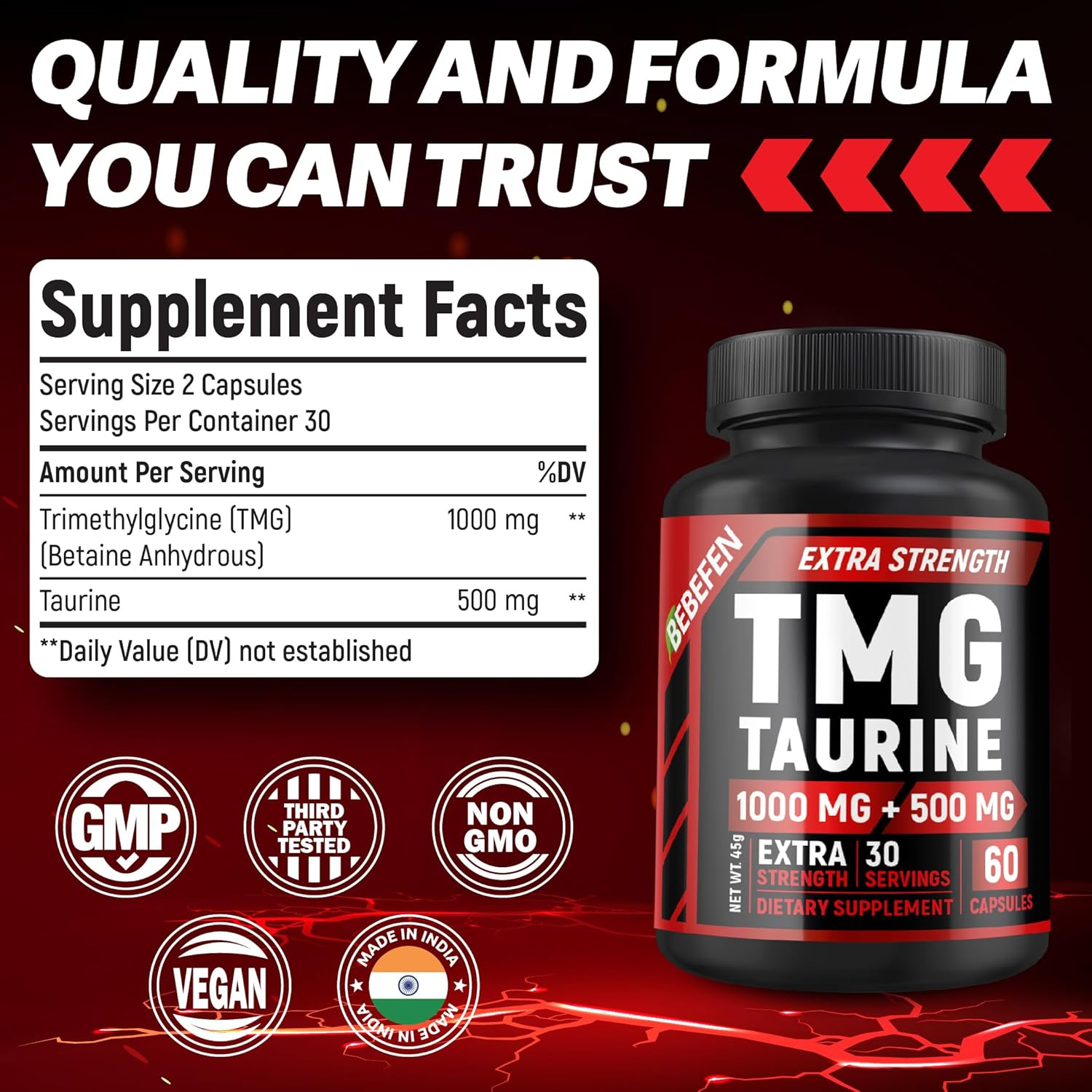 TMG Trimethylglycine 1000 Mg with Taurine 500 Mg Supplement &ndash; Non-Gmo, Gluten Free (60 Capsules) image number 6
