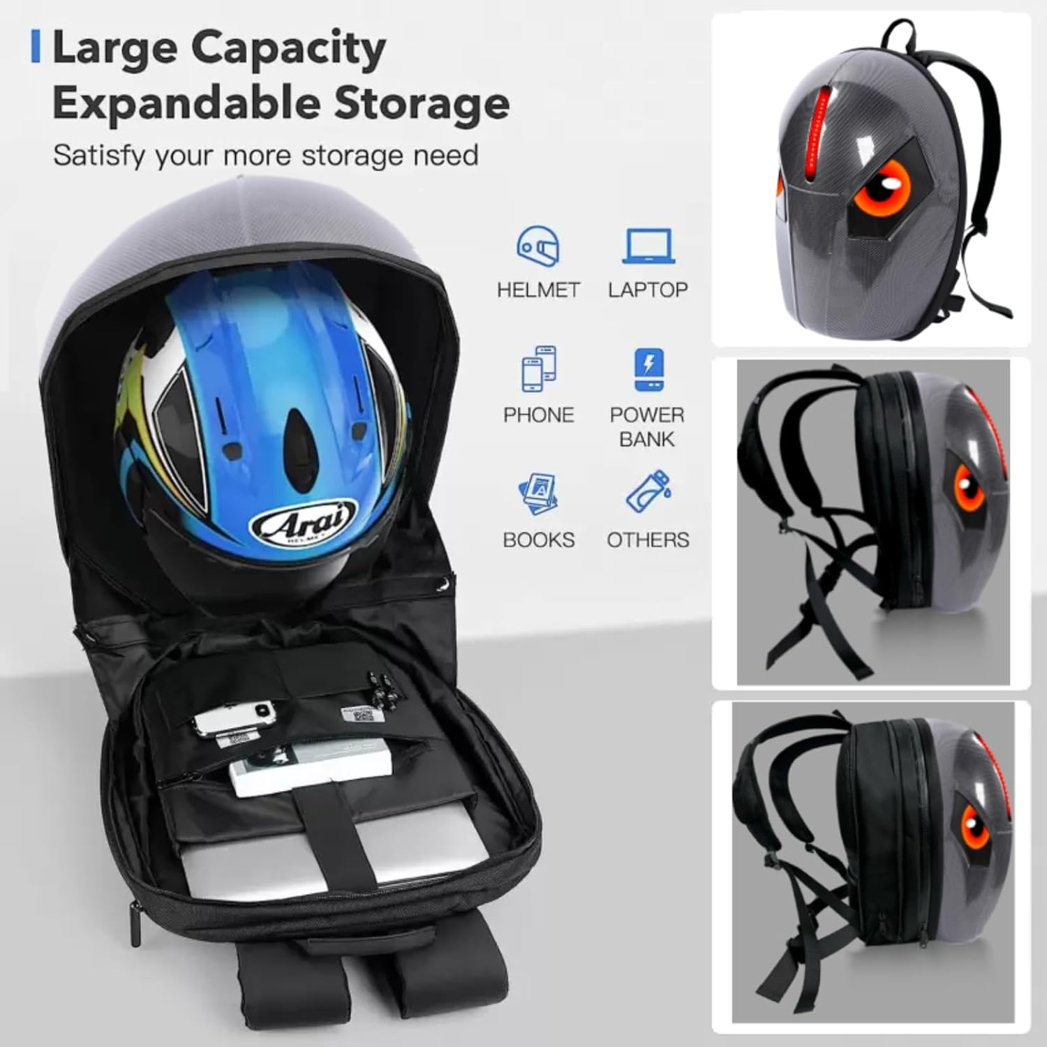 Bewinner LED Motorcycle Backpack Cool round Design - 3D Hard Shell Motorbike Backpack with Programmable Full Color Screen, Waterproof Riding Helmet Bag for Outdoor