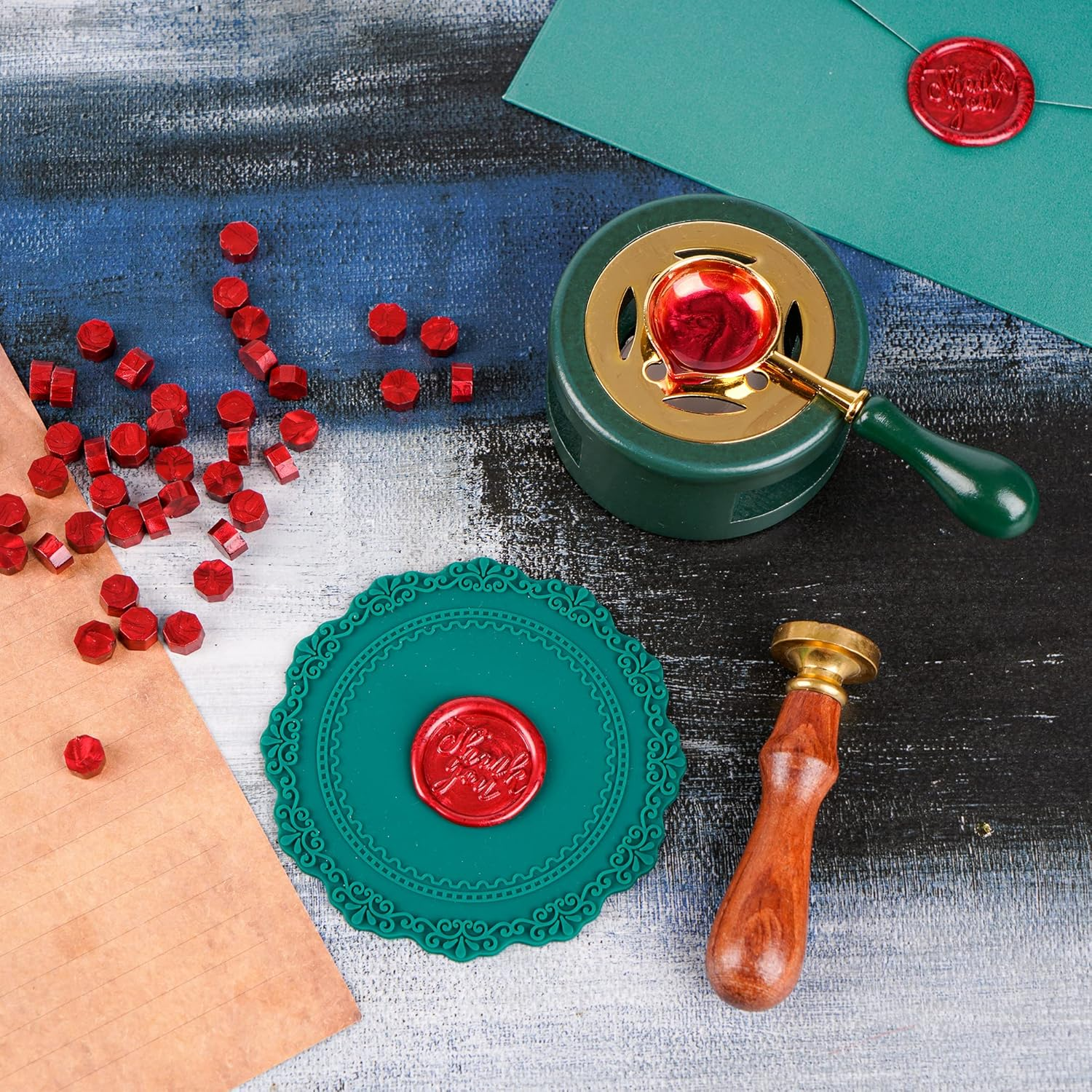 Wax Seal Kit with Furnace, Spoon, and Silicone Pad for Melting Beads or Sealing Sticks (Green) image number 6