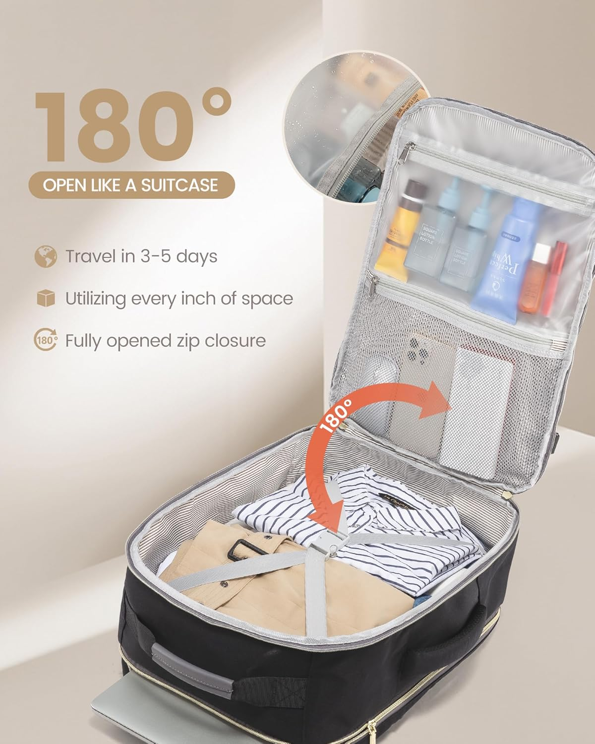 LOVEVOOK 40L Travel Backpack for Women & Men, Large Carry on Backpack for Airplanes with 3 Packing Cubes, TSA Personal Item Travel Bag Fits 17" Laptop, Waterproof Travel Essentials Airline Approved - Black-Grey image number 4