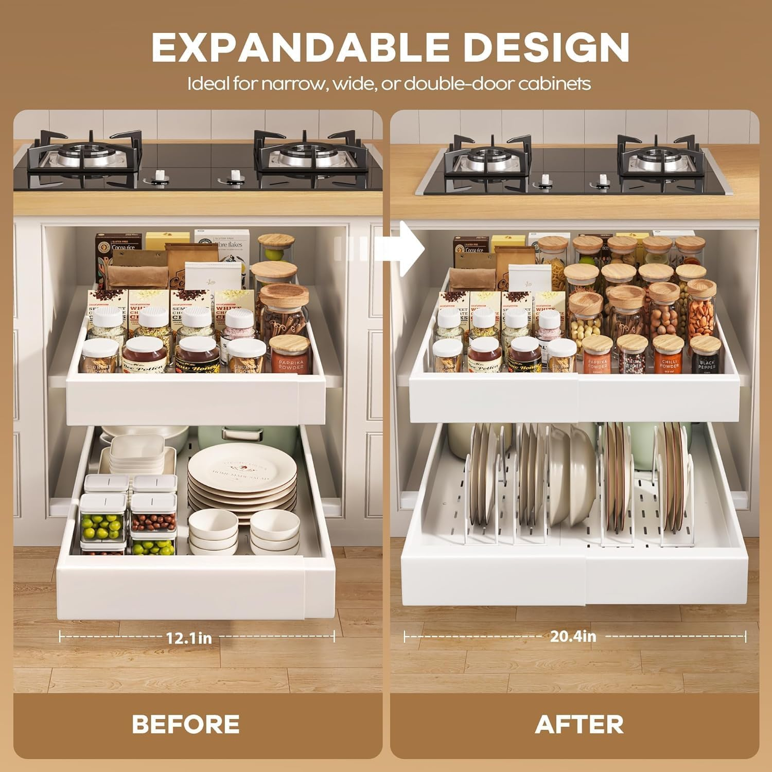 2 Pack Pull Out Cabinet Organizer with Raising Pad for Framed Cabinets, 53Cm Deep Expandable Slide Out Drawers for Kitchen Cabinets with 4Pcs Divider Racks, Roll Out Shelves 32Cm-52Cm W White