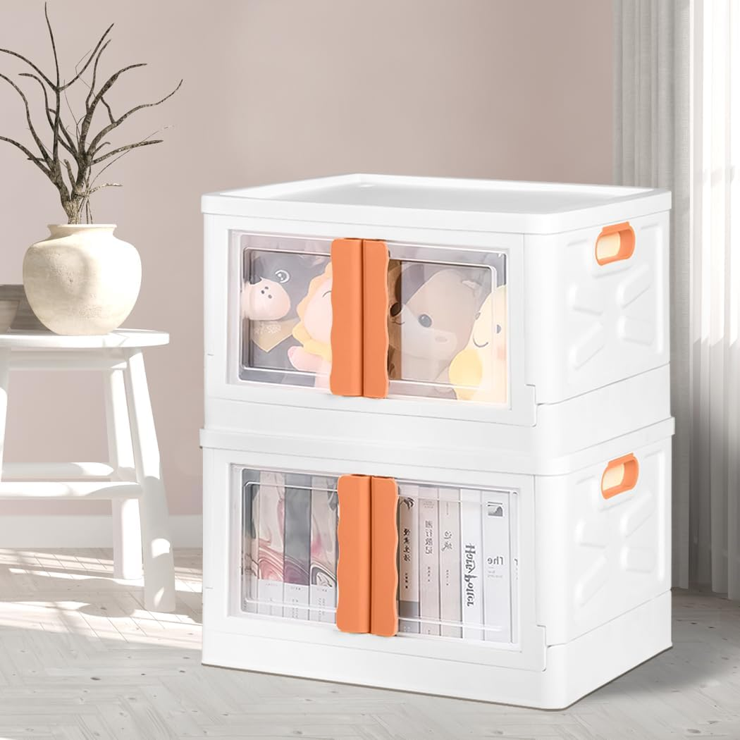 Stacked Storage Boxes Stackable Foldable Clothes Container Bins Toy Organiser Box with Lids Handles Plastic Book Camping with Wheel Front and Top Open 45L Pink image number 2