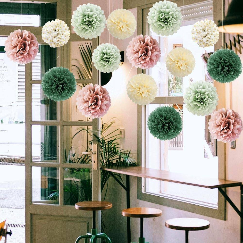 16Pcs Dusty Rose Olive Sage Green Tissue Paper Pom Poms Flowers Sage Green Dusty Pink Party Decorations for Bridal Shower Baby Shower Rustic Wedding Birthday Engagement Party Decorations