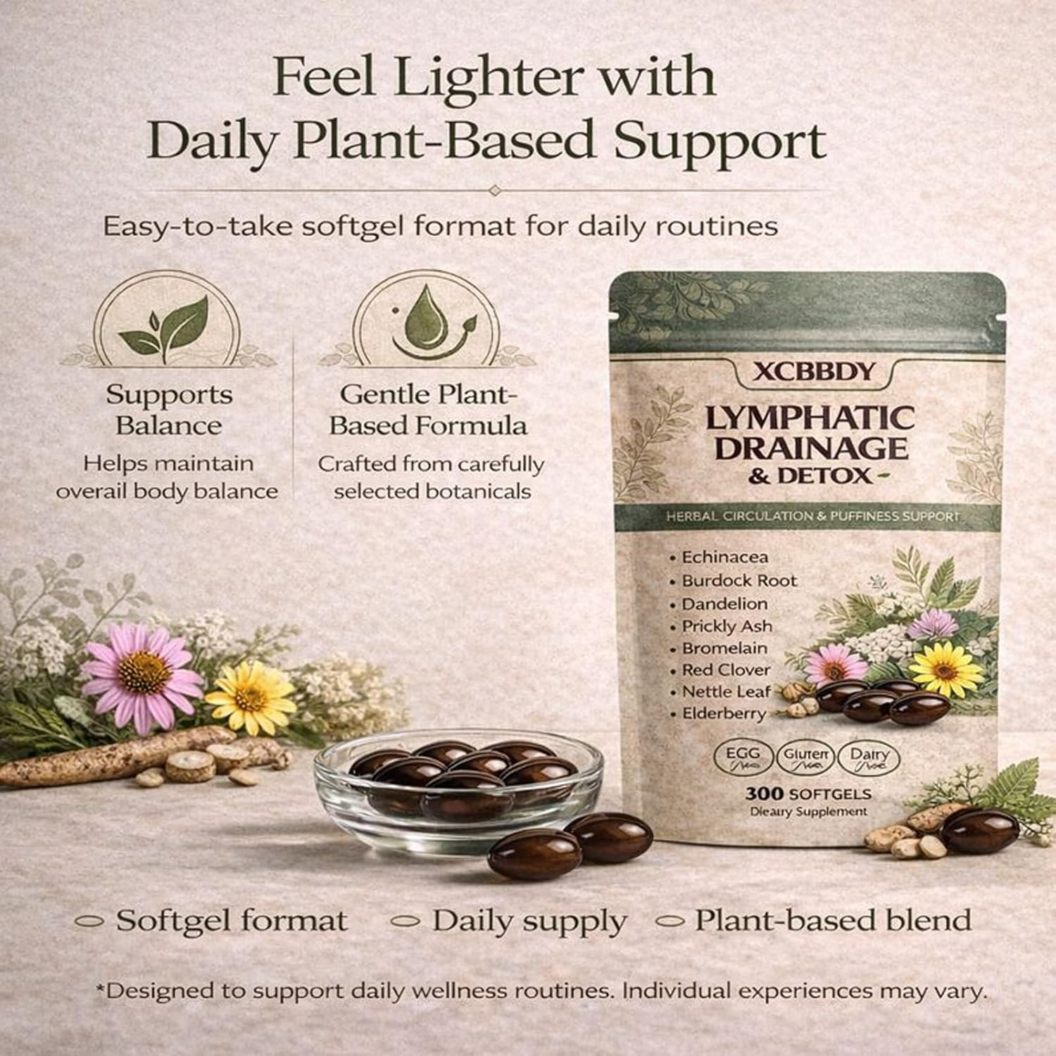 Lymphatic Drainage Soft , Plant-Based Formula for General Body Balance & Everyday Comfort, 300 Ct (1Bag) image number 6