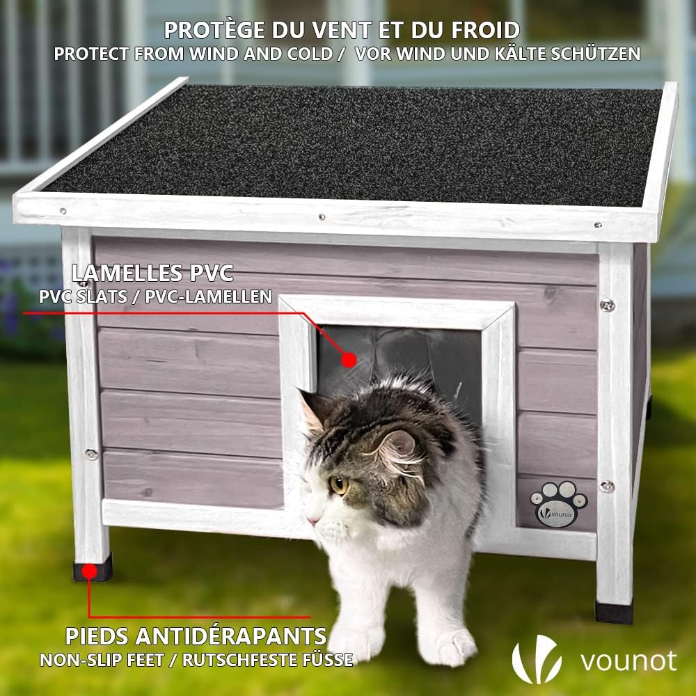 VOUNOT Cat House Outdoor with Kennel Door Privacy Window Cat Wooden Shelter 57X45X43Cm, Grey image number 3
