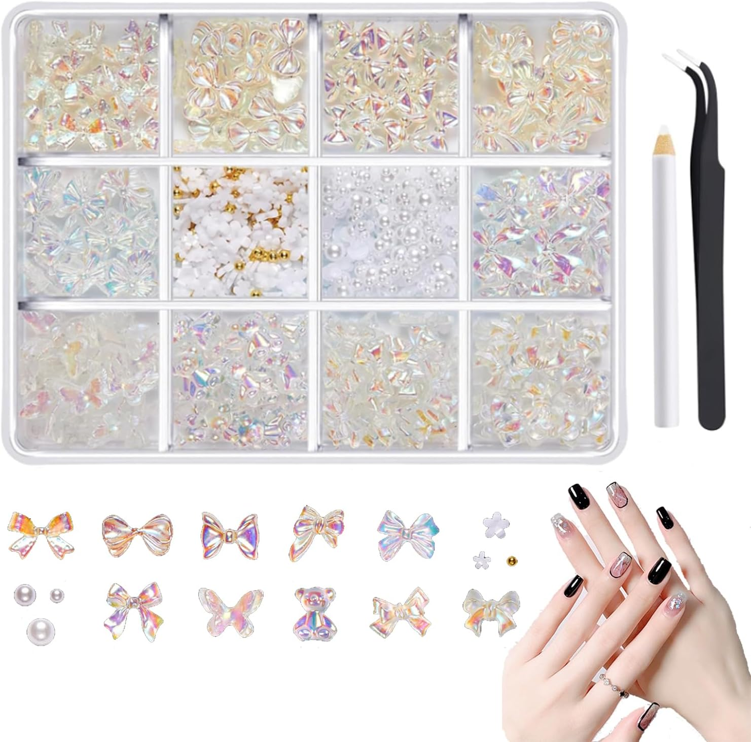 Taicols 850Pcs 3D Bow Nail Charms,Clear Colorful Nail Art Charms Bowknot Nail Art Rhinestones and Pearls with Tweezers,Nail Pens Nail Decorations Accessories for Women Party, Daily image number 3