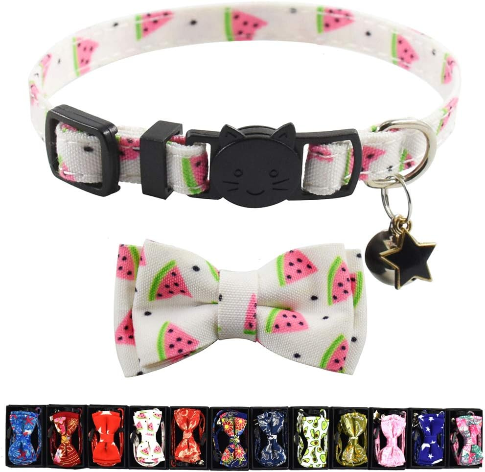 Bow Tie Kitten Collar with Bell and Accessories, Printing Breakaway Cat Collar for Kitty 10 Colors Adjustable 7.5-11In (Watermelon) image number 1