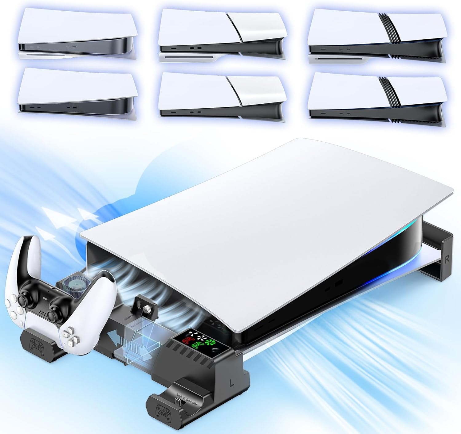 Gersker PS5 Horizontal Stand with Cooling Fan & PS5 Controller Charger for Original/Slim/Pro Disc & Digital Console, PS5 Cooling Stand with Scalable Design & EVA Foams, PS5 Accessories (Black) image number 6