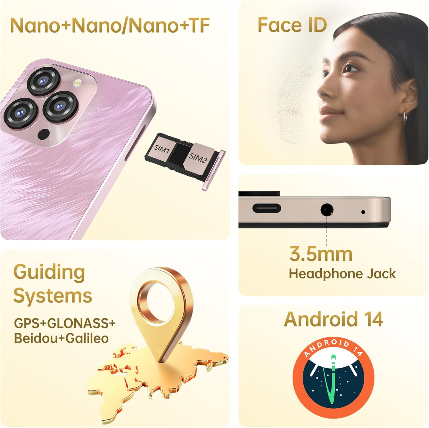 OUKITEL C3 Cell Phone Unlocked 2025-16GB RAM+128GB/TF 1TB ROM Smartphone, 5000Mah Battery, 6.52'' Waterdrop Screen, 13MP+5MP Camera, 4G Dual SIM Android Phone, Face Id/3.5Mm Jack/Gps/Bt5.0, Pink image number 1