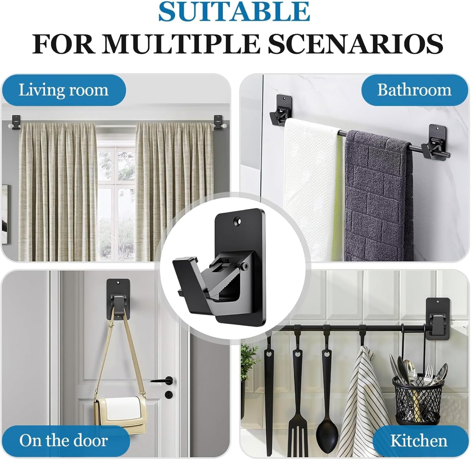 No-Drill Curtain Rod Brackets &ndash; 3M Adhesive Heavy Duty Holders for Bathroom, Bedroom & Kitchen | Universal Damage-Free Window Rod Hooks, Nail-Free Installation (4PC, Black) image number 4