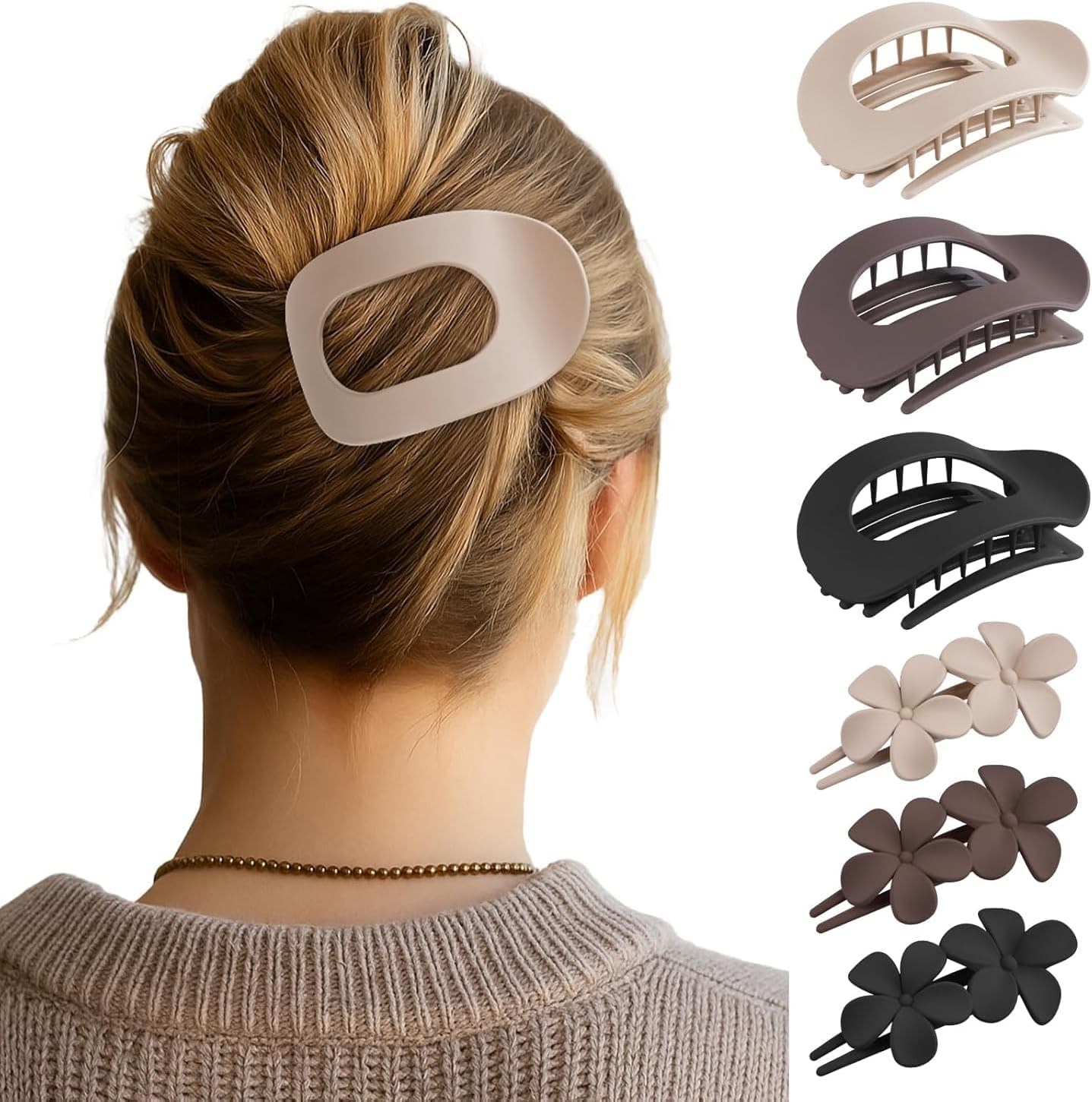 6PCS Matte Flat Hair Clips for Women Girls, 2 Styles Durable Flat Hair Claw Clips for All Hair Types, Durable No Slip Flower Lay Claw Barrettes（Light Coffee, Dark Coffee and Black） image number 2