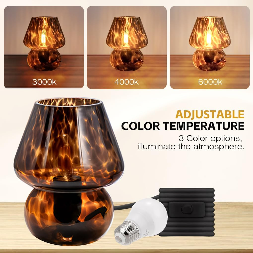 Clora Bedside Table Lamp Set of 2 Glass Mushroom Lamp with 3 Color Temperatures, Small Nightstand Lamp 5W LED Bulb Included Murano Style Cute Home Decor for Living Room Bedroom Office (Amber)