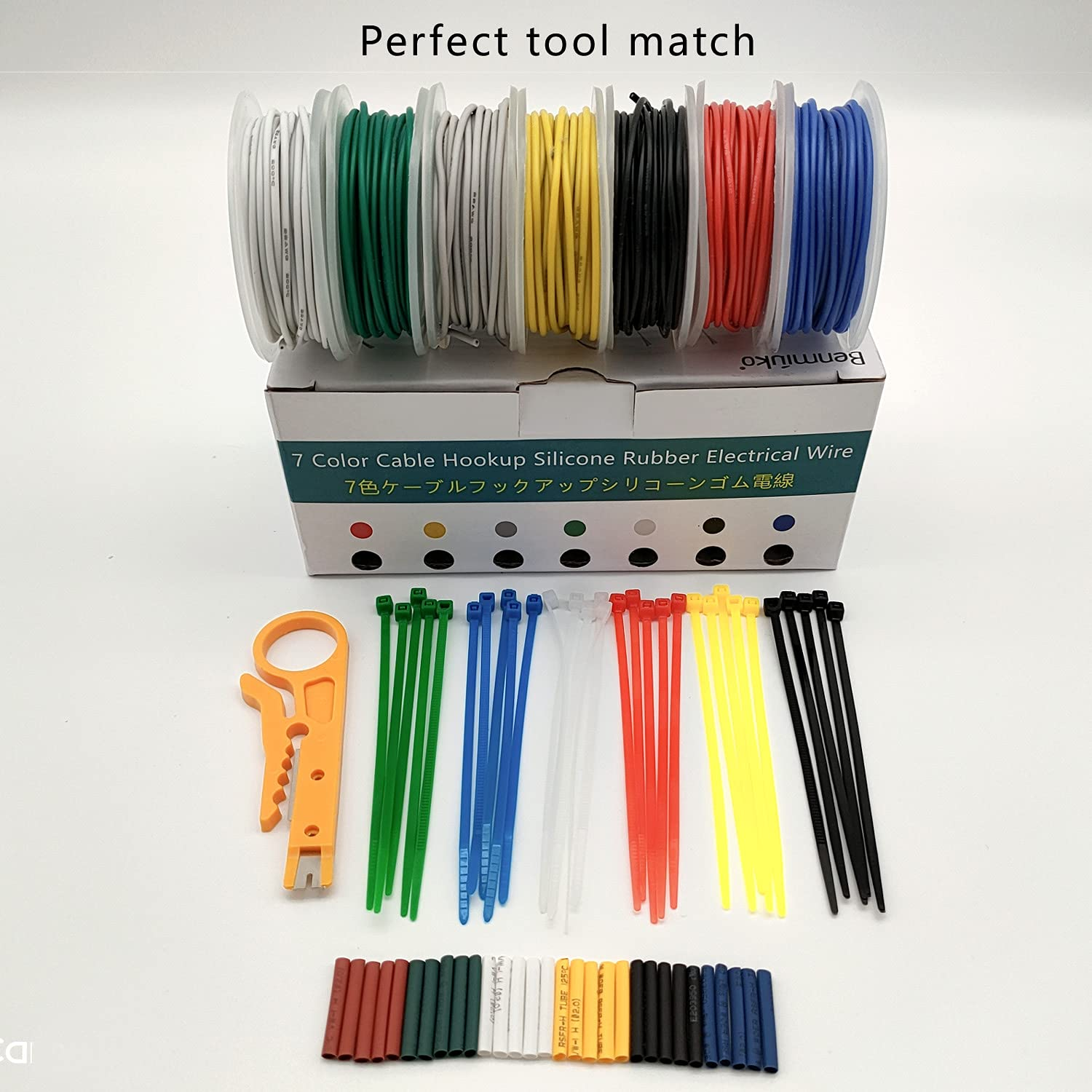 26AWG Electric Control Flexible Silicon Stranded Wire Hook up Kit - 7 Colors, 33 Ft Spool, Heat Shrink Tube, Wire Stripper Included image number 1