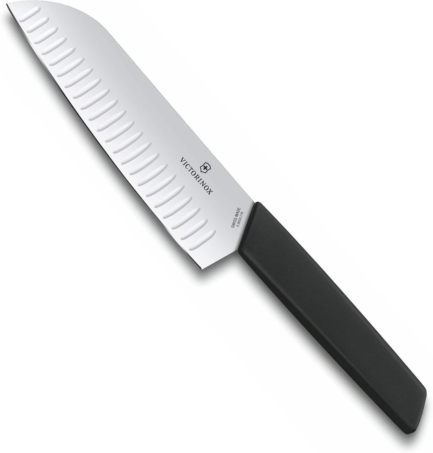 Victorinox 6.9053.17KB Swiss Modern Santoku Knife for General-Purpose Slicing, Dicing, Mincing, and Everything in between Fluted Edge Blade in Black, 6.7 Inches
