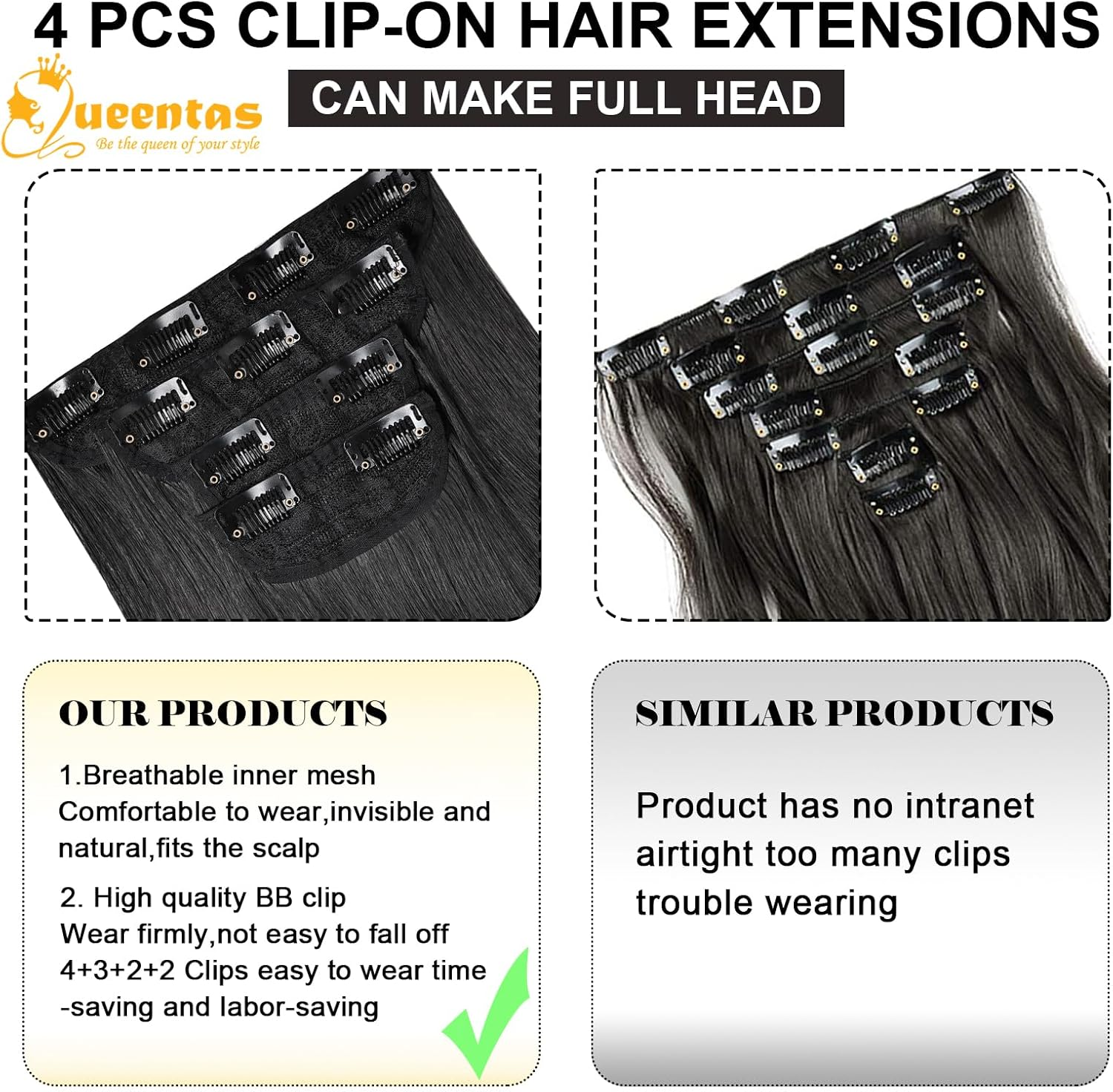 QUEENTAS 4Pcs Long Straight Black Clip in Hair Extensions for Women, Natural & Good Connectivity Hair Extensions Clip In(22Inch, 1B) image number 4