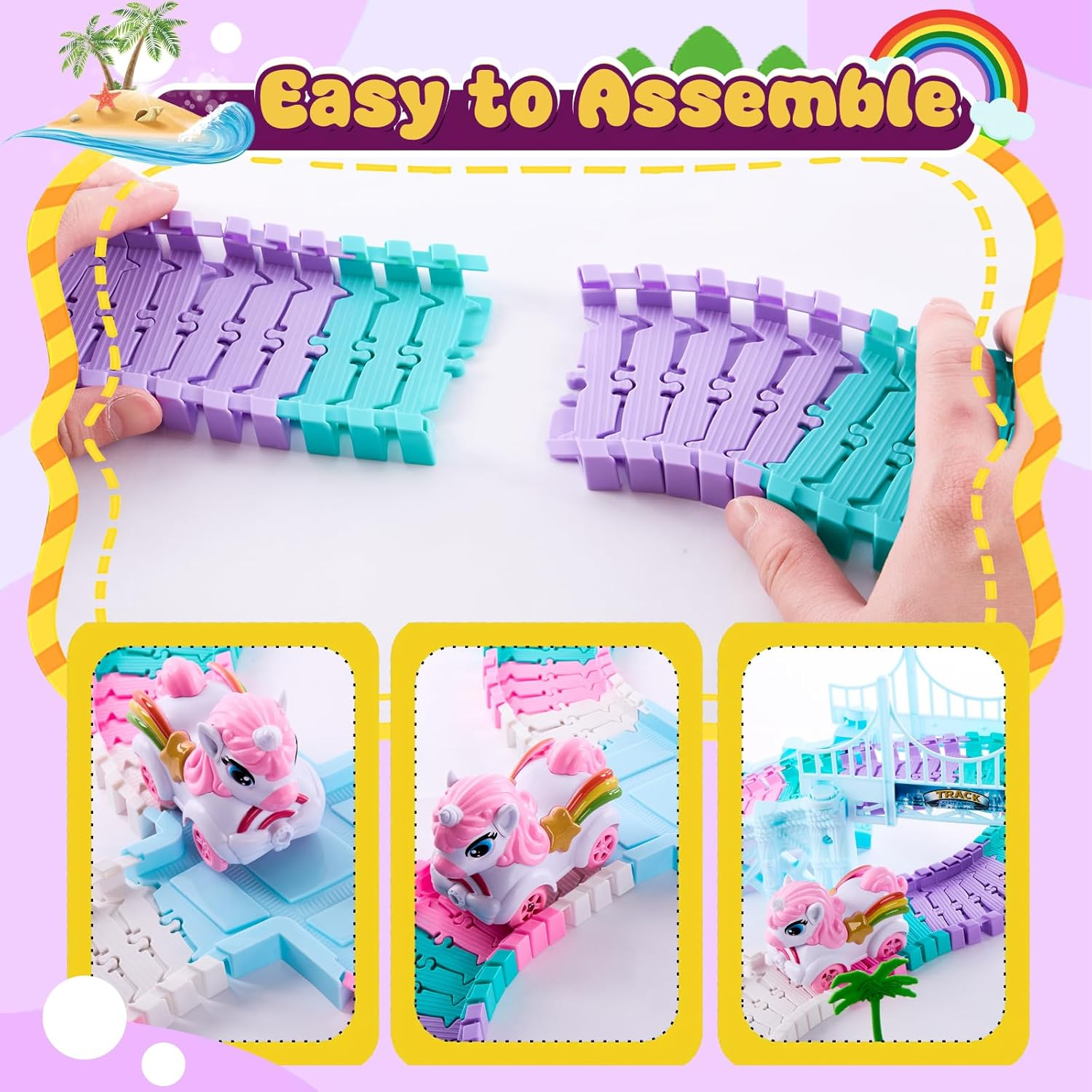 DIY Unicorn Track Toys 194 Pcs Shark Race Car Toys for Boys Girls 3 4 5 6 7 9 Year, Bendable Flexible Racetrack Cars with Shark & Ball, Unicorn Gifts for Girls, Presents for 3+ Year Old Kids image number 3