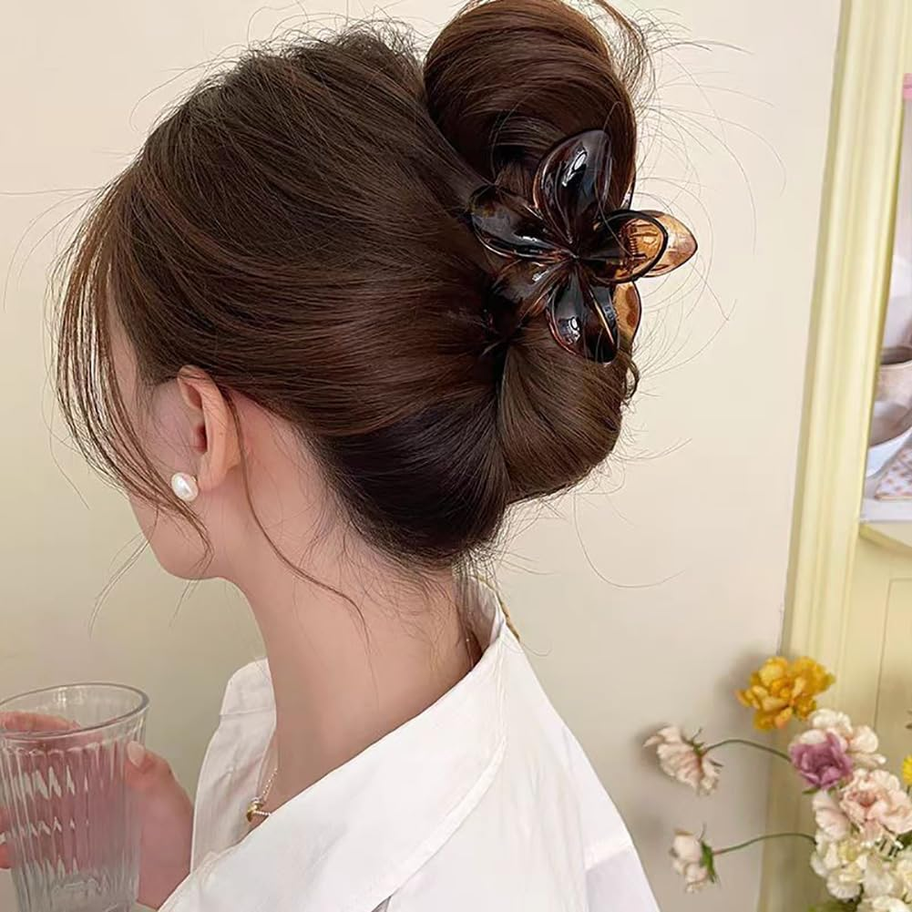 Rockreyoa Pack of 6 Hawaiian Plumeria Flower Hair Clips Leopard Hawaiian Plumeria Flower Claw Clips Flower Hair Accessories Strong Hold Hair Clips for Women image number 5