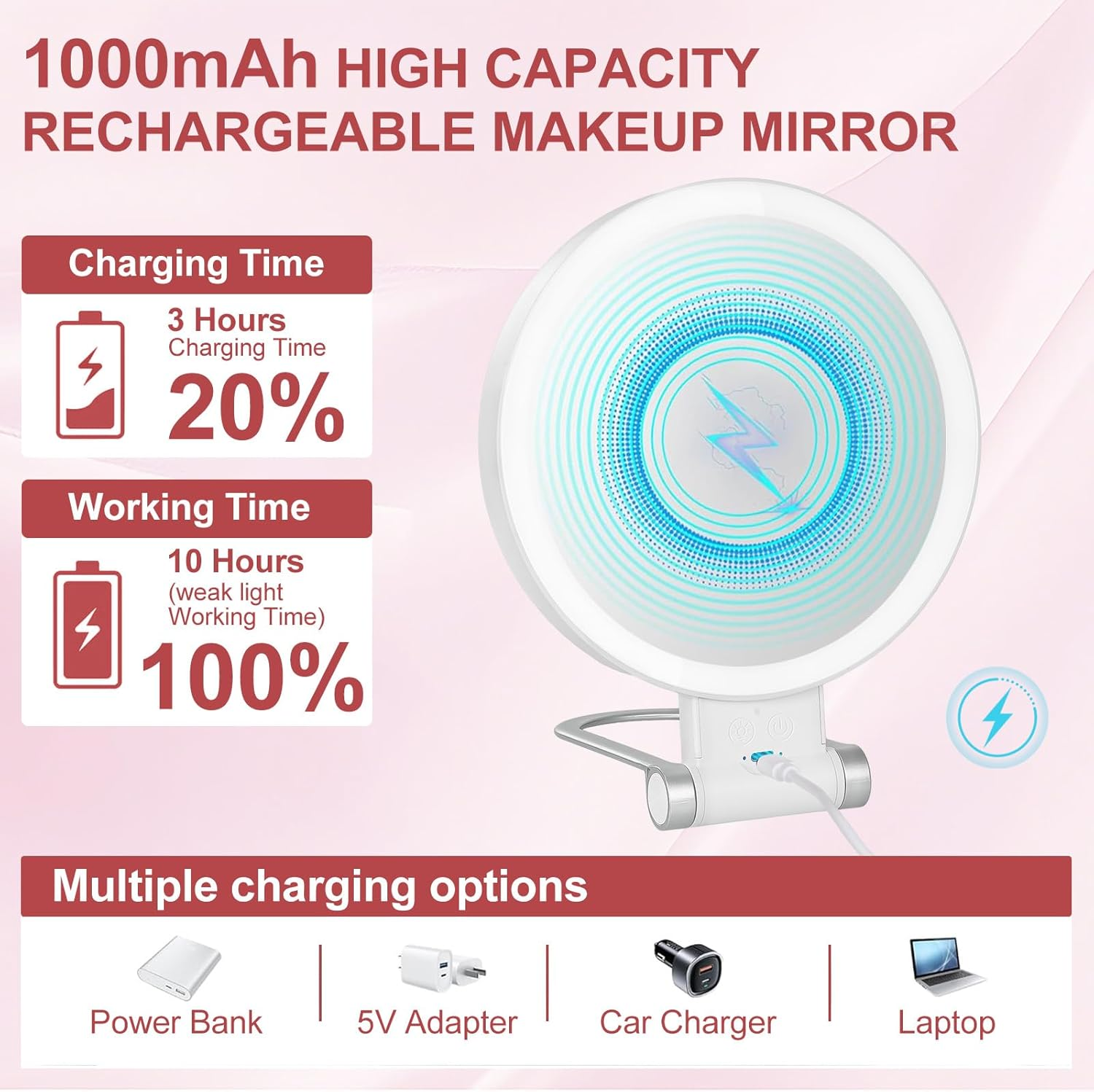 10X /1X Magnifying Mirror with Light, 3 Light Settings, Rechargeable Travel Makeup Mirror with Adjustable Handle/Stand，Folding Double Sided Portable Mirror for Tweezing Travel image number 3