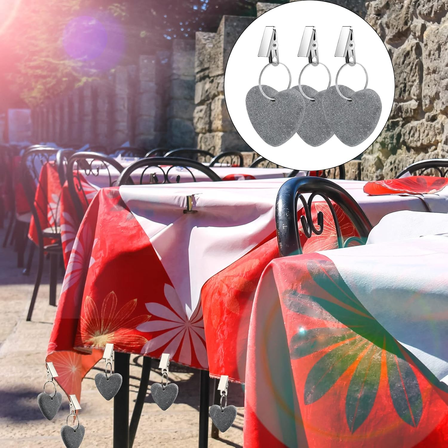 48 Pieces Tablecloth Weights Hangers Heart Stone Table Cloth Weights Tablecloth Clips for Outdoor Tables Heavy Curtain Weights Table Cover Clips with Stainless Steel Clips for Picnic (Light Gray) - Dark Gray image number 7