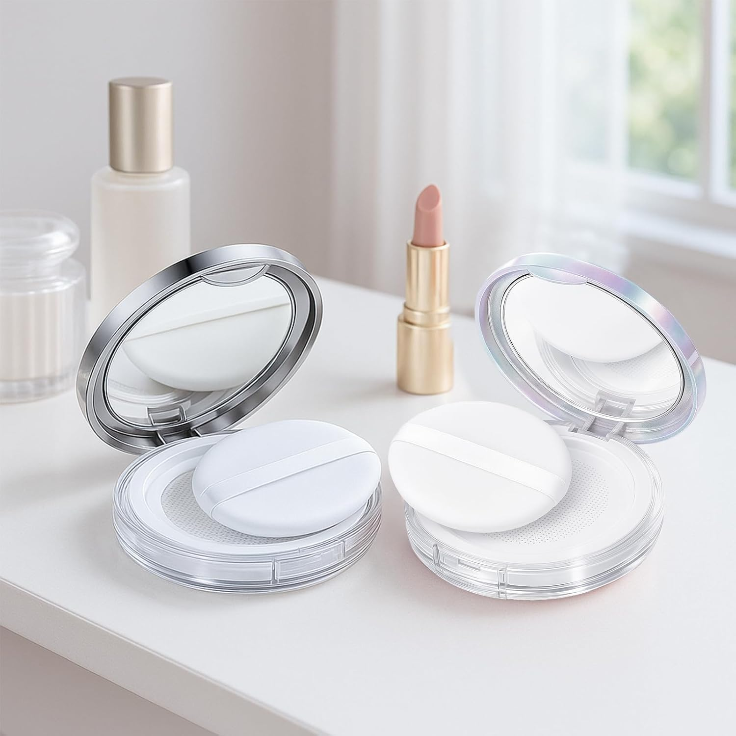 2-Pack Refillable Loose Powder Compact with Puff & Mirror &ndash; Portable Travel Makeup Container with Mesh Sifter, Leak-Proof Empty Case for Blush, Foundation & Setting Powder (Silver, Iridescent Silver) - Pink，Silver image number 5