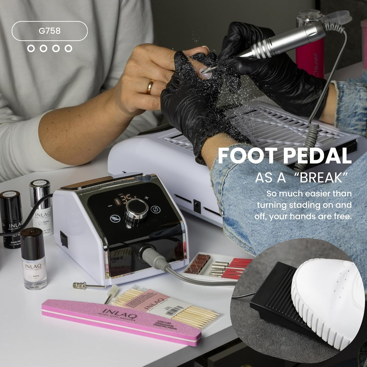 GASHIO&reg; Nail Cutter for Gel Nails, Nail Drill 50 W, Electric Nail File, Manicure Pedicure Set, Electric, Nail Cutter with Cable, Nail Cutter with Foot Pedal, Nail Machine for Nails, 35,000 Rpm image number 6