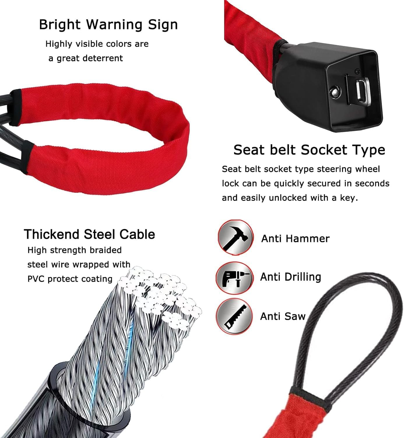 Steering Wheel Lock Seat Belt Lock anti Theft Device Car Lock Car anti Theft Prevention Security with 2 Keys Universal Fit Most Cars Vehicle Truck SUV Van (Red) image number 2