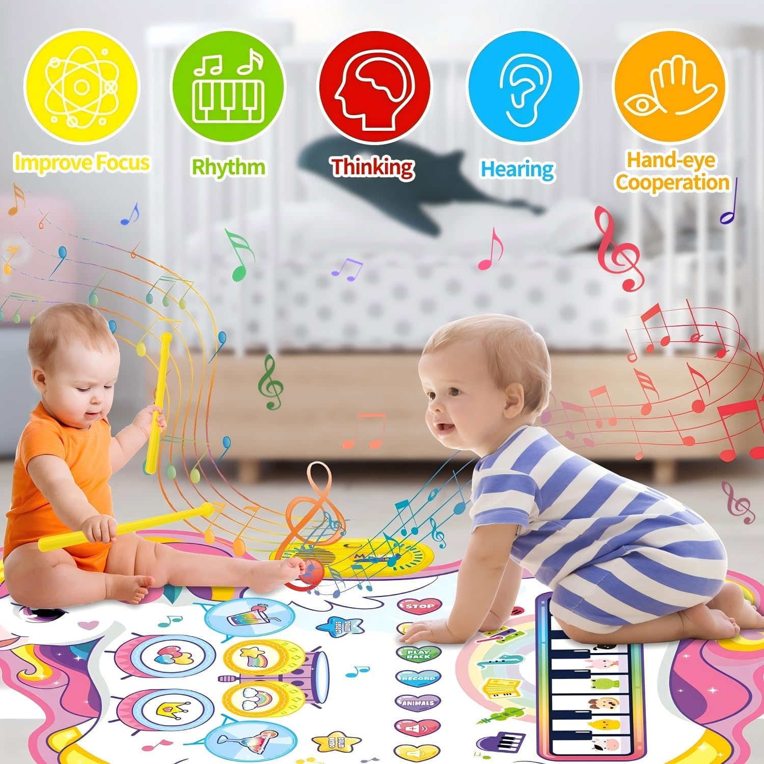Musical Toys, Kids Musical Instruments - Piano Keyboard & Drum Mat, Piano Mat for Kids Music Sensory Toys, Early Educational Learning Musical Toy, Christmas Birthday Gift Unicorn XL image number 1