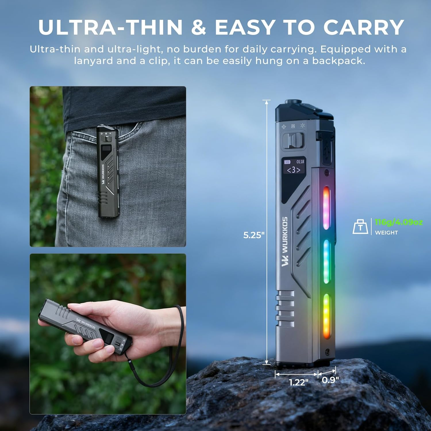 Wurkkos TD11 Led Torch, 3000Lumens Flat Rechargeable Flashlight with Digital OLED Display, 320M Long Range, IPX6 Waterproof, Triple Light Source with RGB, Small Flashlight for Camping Hiking Emergency image number 6