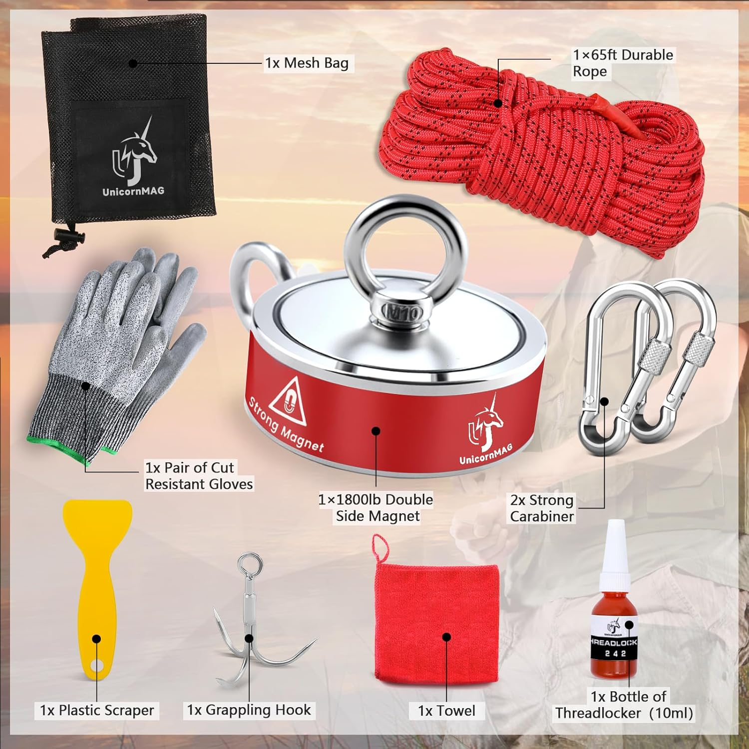 Unicornmag Magnet Fishing Kit | 2200LBS Double Sided Strong Magnet | 65 Ft Rope | Strong Magnets for Treasure Hunting & Underwater Cleaning | Ideal for Magnet Fishing Hobbyists image number 5
