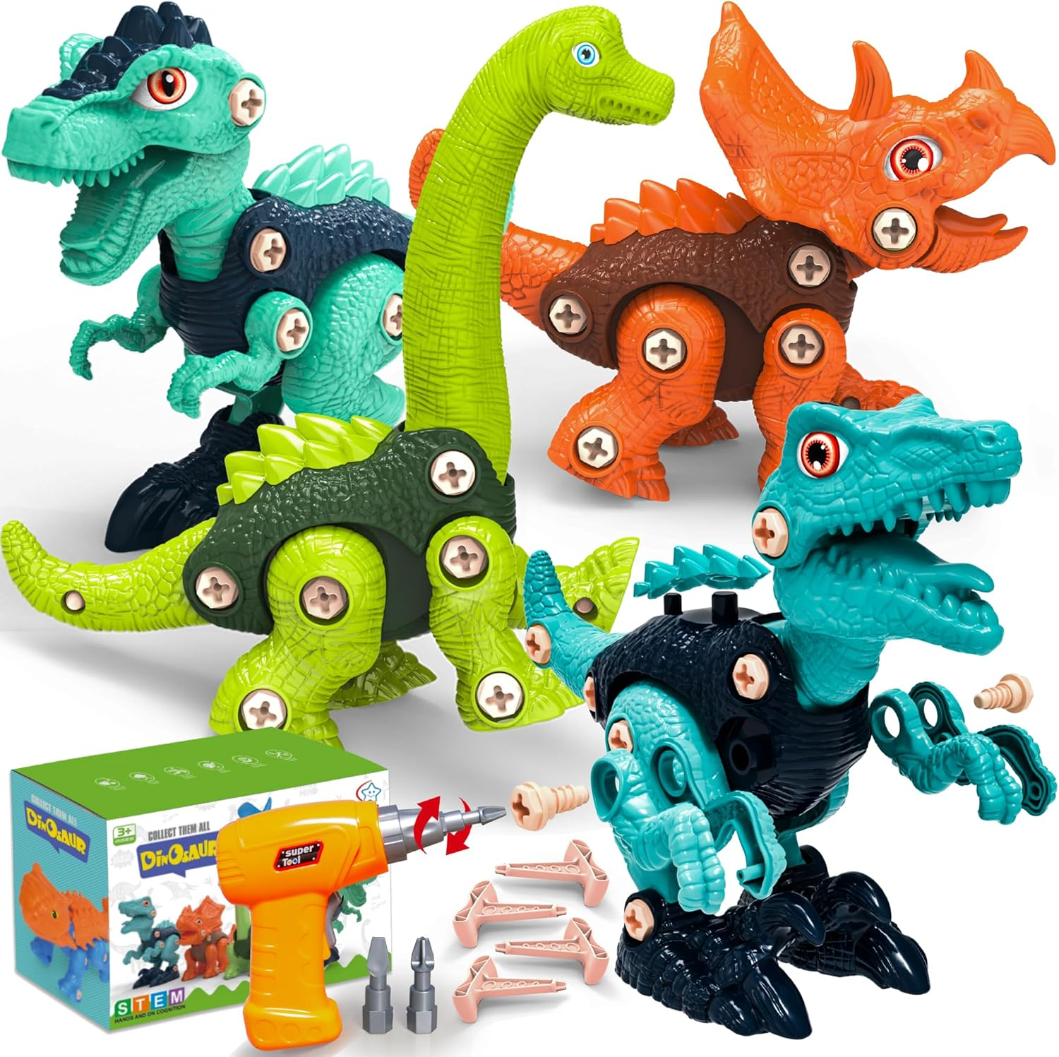 4 PCS Kids Take Apart Dinosaurs Toys, Building＆Construction STEM Educational Toy Set with 1 Electric Drill＆4 Hand Drills,Diy Engineering Play Kit Christmas Birthday Gifts for 3 4 5 6 7 8 Old Boy Girl image number 3