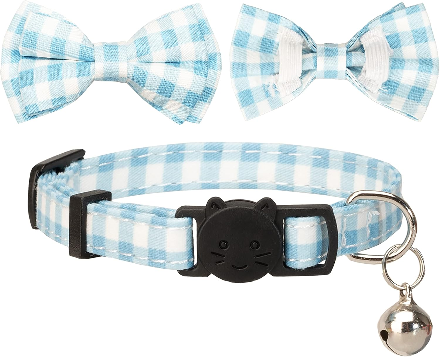 Gyapet Cat Collar Breakaway with Bell Boy Girl Kitten Bow Tie Safety Plaid Solid Color Set Cute Soft Summer [2Pcs] Blue image number 2