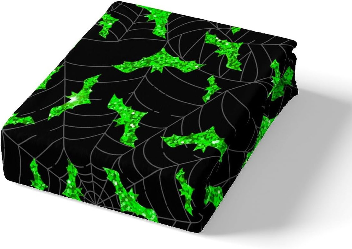 Bat Duvet Cover Set, S Size, Black Spider Web Bedding Set, Gothic Style Halloween Comforter Cover, Children, Girls, Adult Bedroom Decor, Green Glitter Print Quilt Cover, 1 Pillowcase image number 2