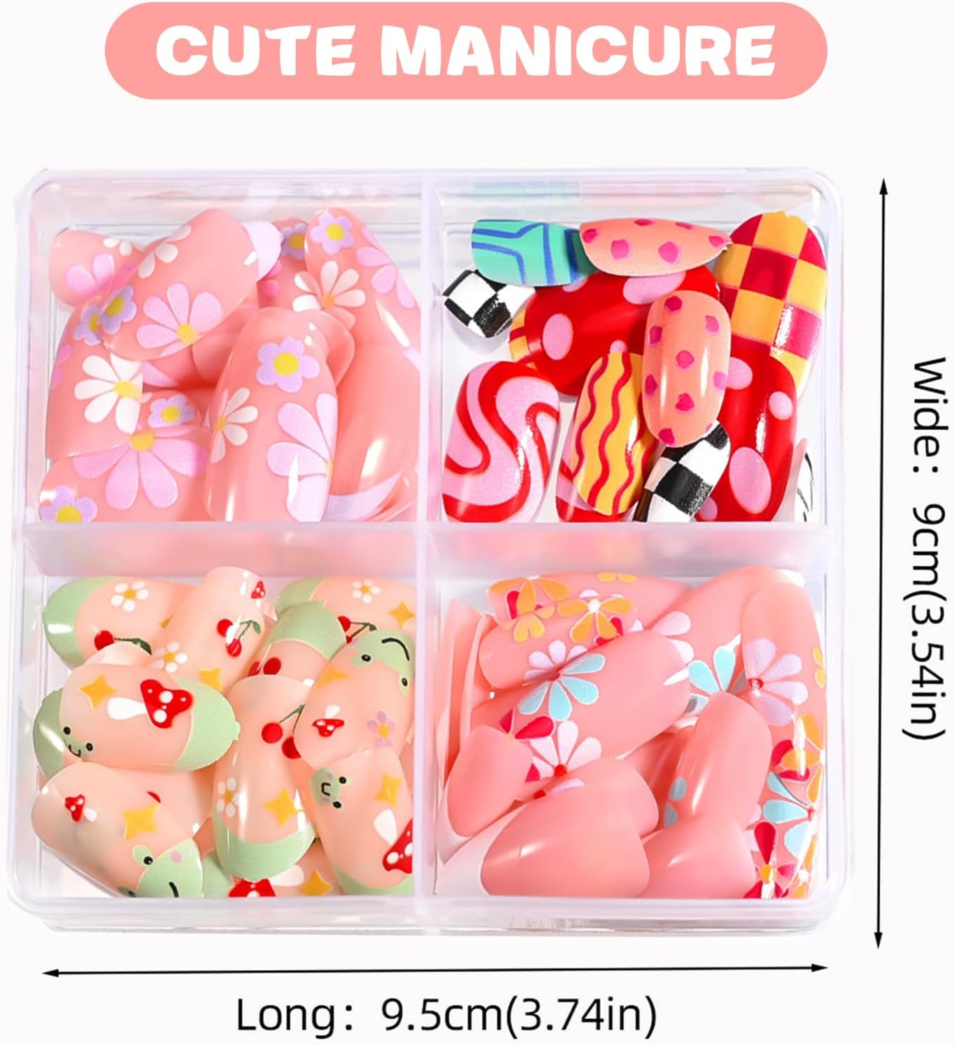 Mrltau 96 Pcs Kids Nails, Sweet Artificial Nails for Sticking, Designs of Flowers, Cherries, Dots and Lines, Artificial Nails Gift for Girls, Press on Nails Children image number 1