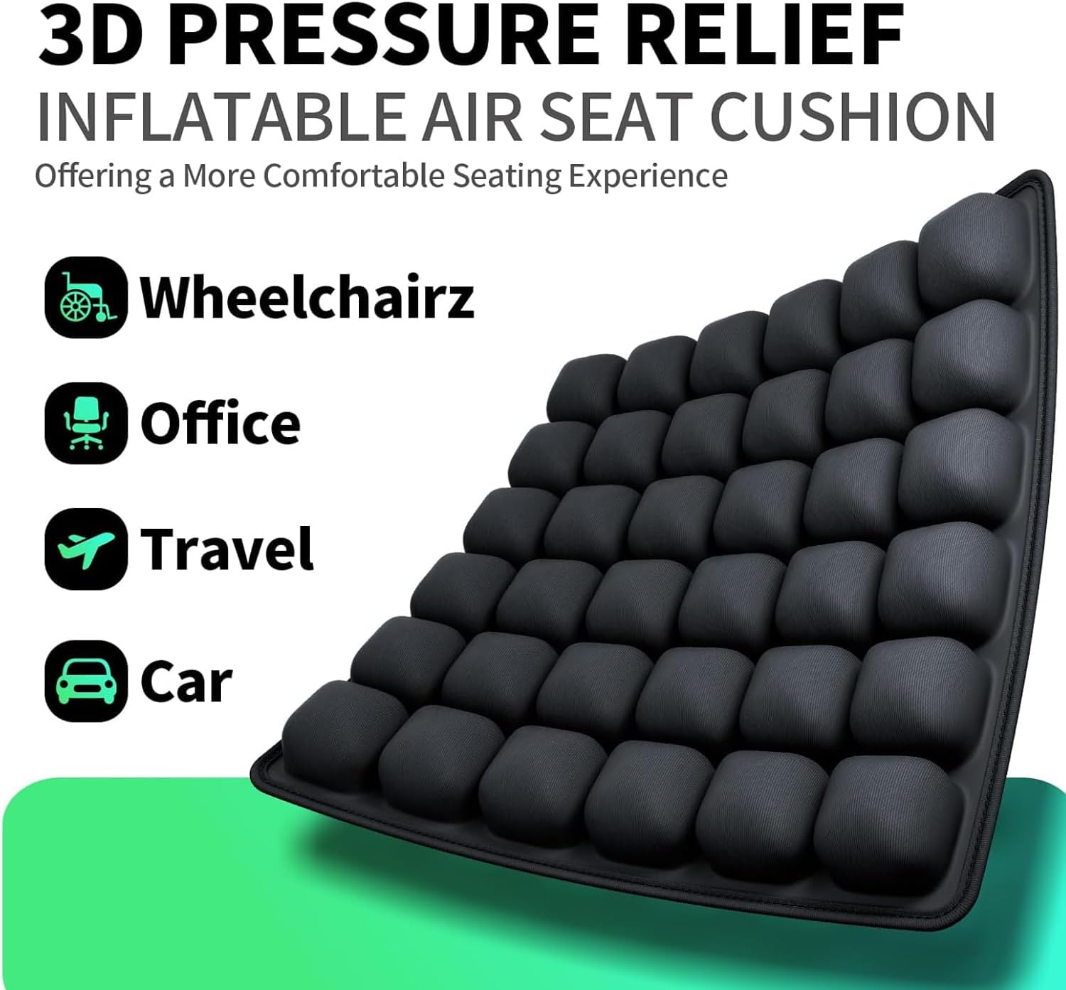 Quintin Travel Cushion,3D Air Cell Inflatable Air Seat Cushion with Storage Bag, Portable Travel Comfort Pad for Car, Office Chair, Wheelchair (Black) image number 6