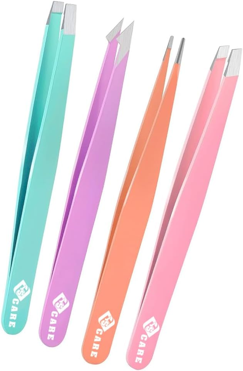 Beauty Eyebrow Tweezers Set Stainless Steel Slanted and Pointed Tip Hairs Tweezer Set Eyebrows Plucking Eyelash Extension Ingrown Hair Remover Tools 4Pcs Set