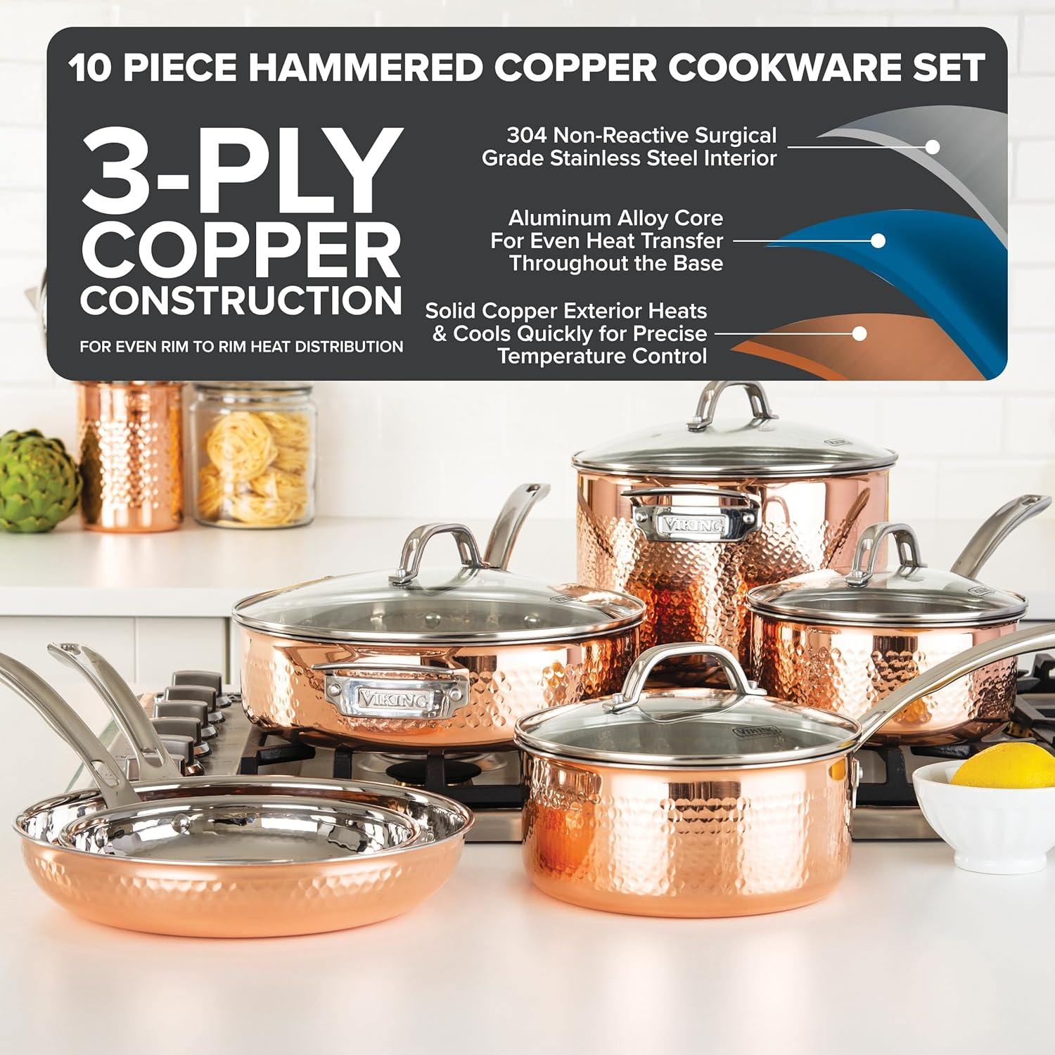Viking Culinary 3-Ply Stainless Steel Hammered Copper Clad Cookware Set, 10 Piece, Oven Safe, Works on Electronic, Ceramic, and Gas Cooktops image number 3