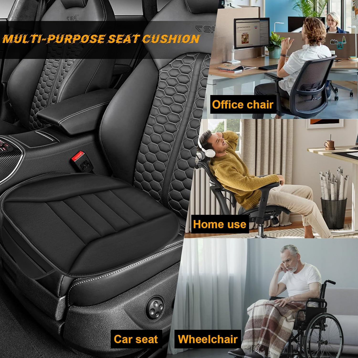 Povtii Car Seat Cushion with Front Pocket, Non-Slip Bottom Cushion for Car Driver Office or Home Chair, Breathable Pressure Relief Seat Pad with Memory Foam, Car Accessories (Black) - Gray With Pocket image number 5