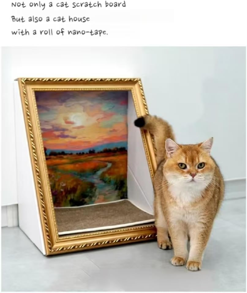 Cat Scratcher Bed, Durable Scratching Cardboard for Indoor Cat House, Artistic Oil Painting with Durable Scratcher Pad Surface for Cats, Cat Condo with Scratcher Pad, Scratch Furniture (Gold) - Gold image number 5