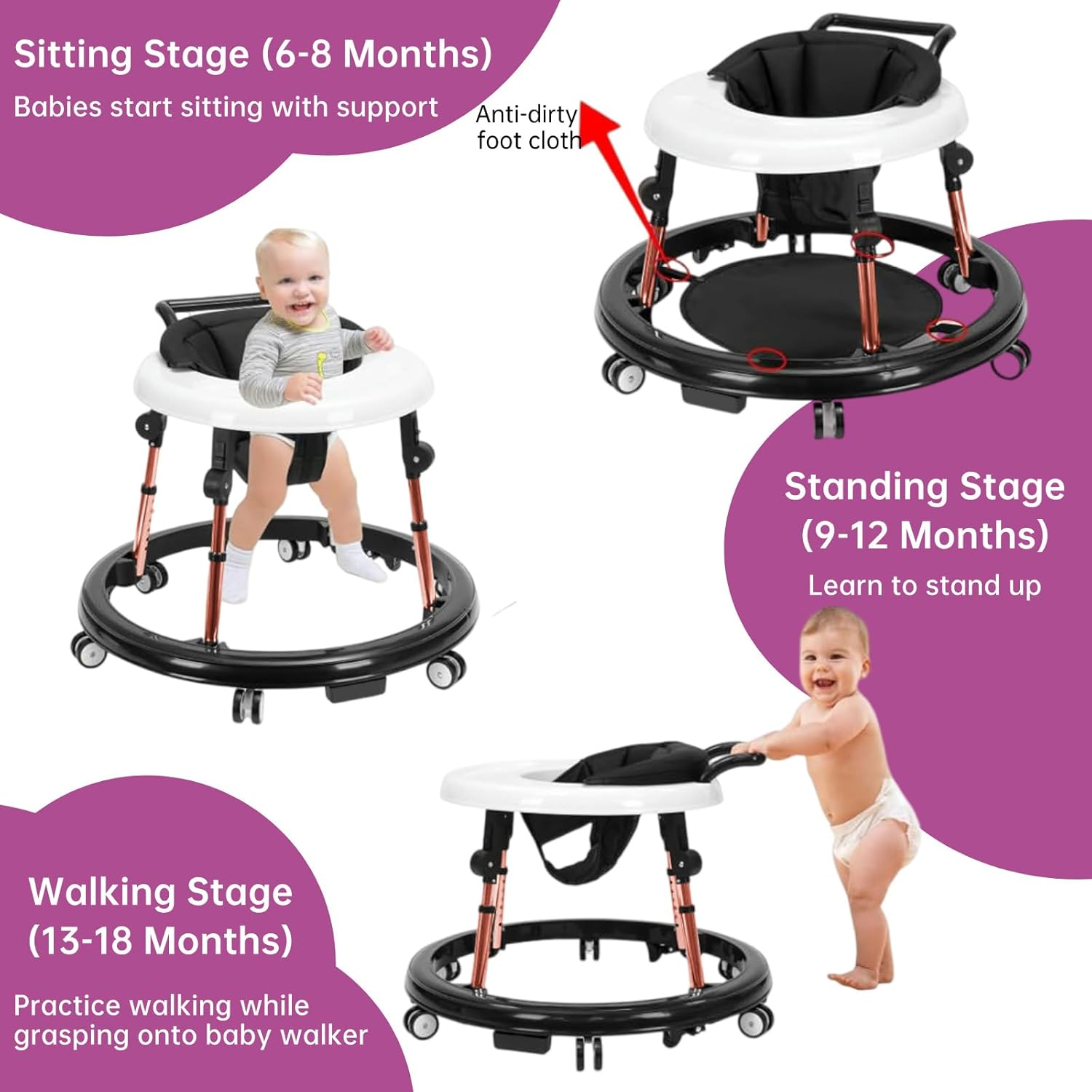 Baby Walker 6-12 Months, 10-Level Adjustable Height Foldable Baby Jumper & Mobile Baby Walker with 360&deg; Wheels, Rosegold Aluminum Frame & Wide Stable Base for Infants 6-18 Months image number 4