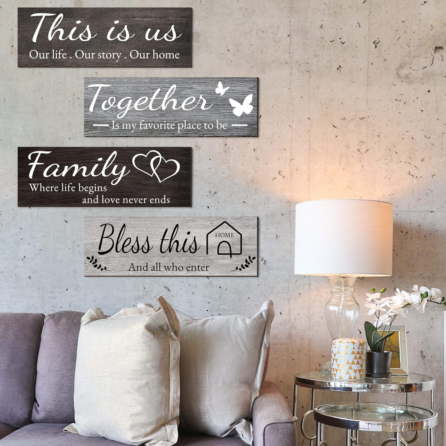 Joyhawk 4 Pieces Home Wall Decor Signs - THIS IS US/TOGETHER/BLESS THIS HOME/FAMILY for Living Room Bedroom, Rustic Wooden Farmhouse Art, 4.7 X 13.8 Inch (Mixed Color) image number 6