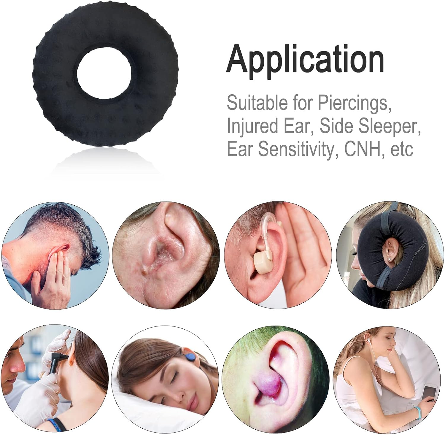 Piercing Pillow Ear Pillows Donut with Hole for Ear Pain CNH, Pain Relief Sleeping, Pressure Sore, Side Sleepers, Headphones Minky Dot Black