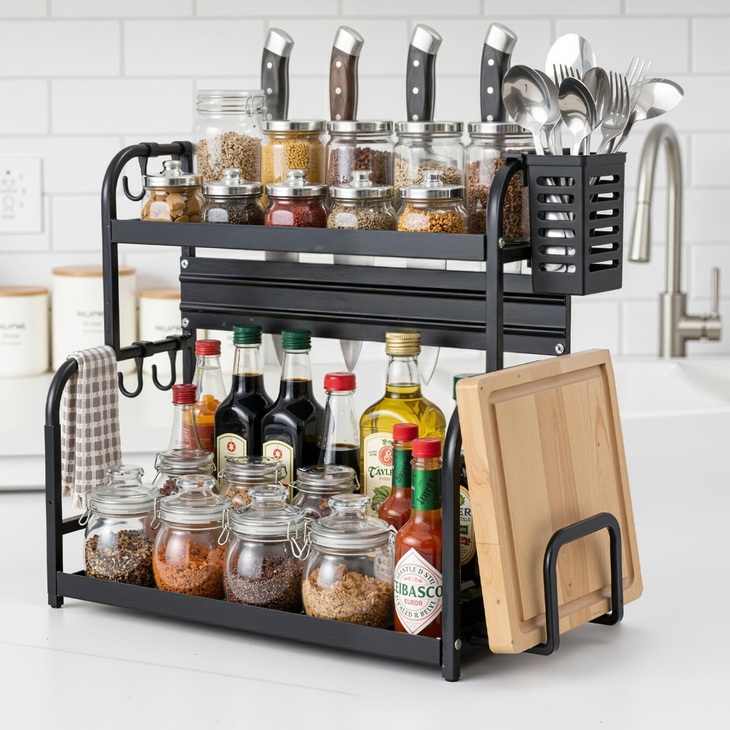 Countertop Kitchen Organizer Shelves, Sturdy Durable 2-Tier Stainless Steel Board Coffee Station Shelf, Anti-Slip Bathroom Organiser Storage for Condiment,Can Tank, Supplies, Cutting Board image number 1
