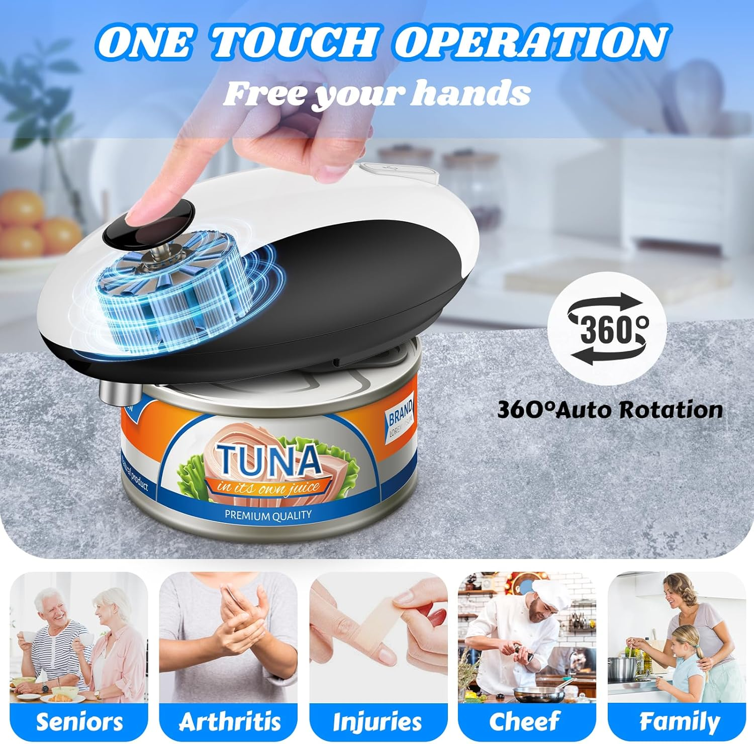 USB Rechargeable Electric Can Opener - Battery Operated, One Touch Auto Operation, Magnetic Lid Holder & Smooth Edge Cutting, Cordless & Hands Free Tin Opener for Seniors, Works with All Standard Cans image number 3