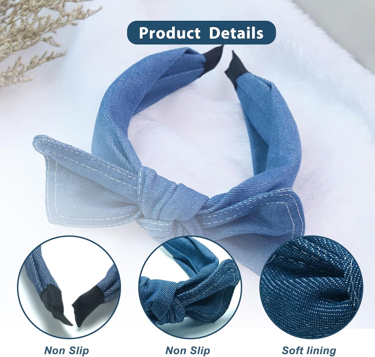 Blue Retro Denim Headband Non-Slip Stretchy Bow Knot Hair Band Wide Top Knotted Headwear Hair Accessory image number 2