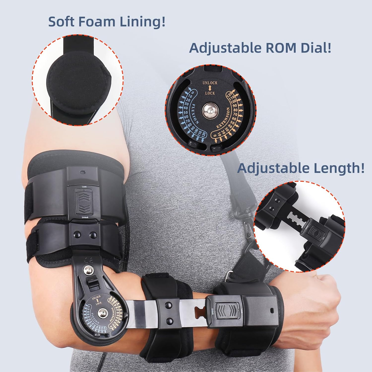 GHORTHOUD Hinged ROM Elbow Brace - Adjustable Post Op Elbow Brace Stabilizer Splint with Strap Sling Arm Injury Recovery Support after Surgery for Men Women (Right) image number 4