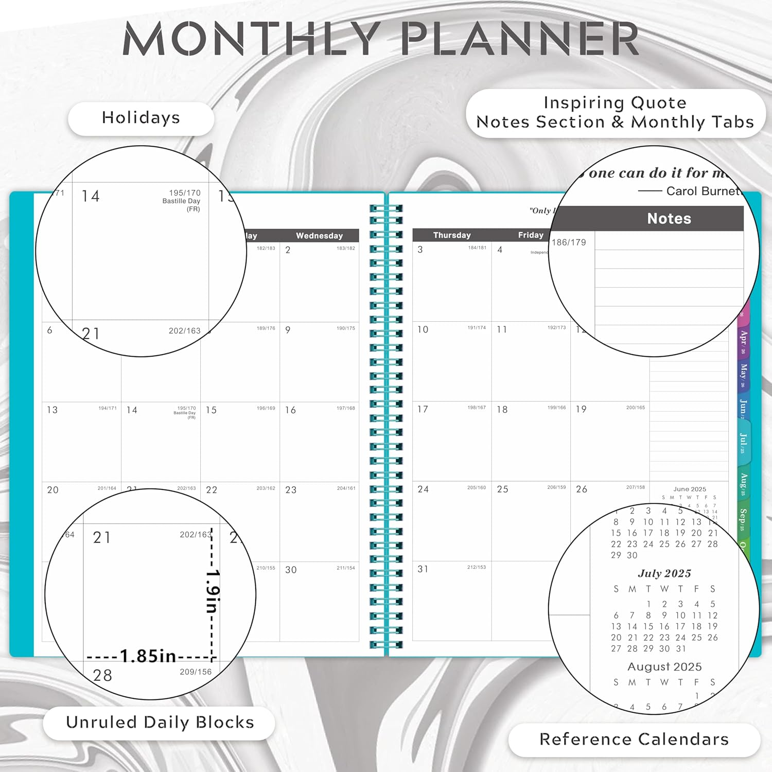 2025-2028 Monthly Planner/Calendar - 3 Year Monthly Planner 2025-2028, Jul.2025 - Jun.2028, 9" X 11", 36-Month Calendar + Colorful Tabs + Pocket - Teal