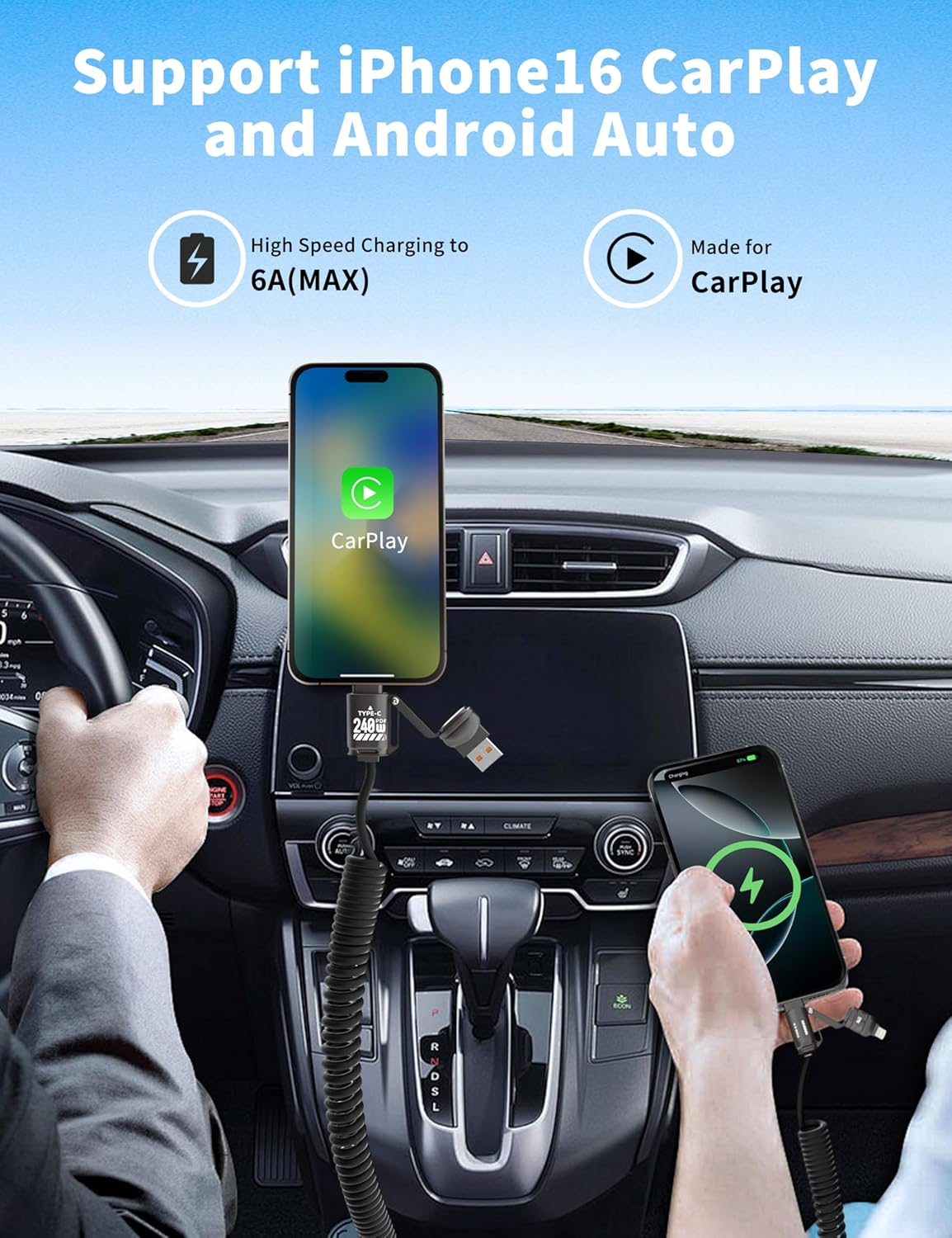 BELAROI 240W 4-In-1 Coiled Charging Cable&ndash;Zinc Alloy Fast Charger with PD 27W/65W/240W, 2M Retractable Cable(Usb-C/A & USB-C/L), Compatibility for Iphone 16/15/14, Laptops, Android, Carplay & Carlife image number 1